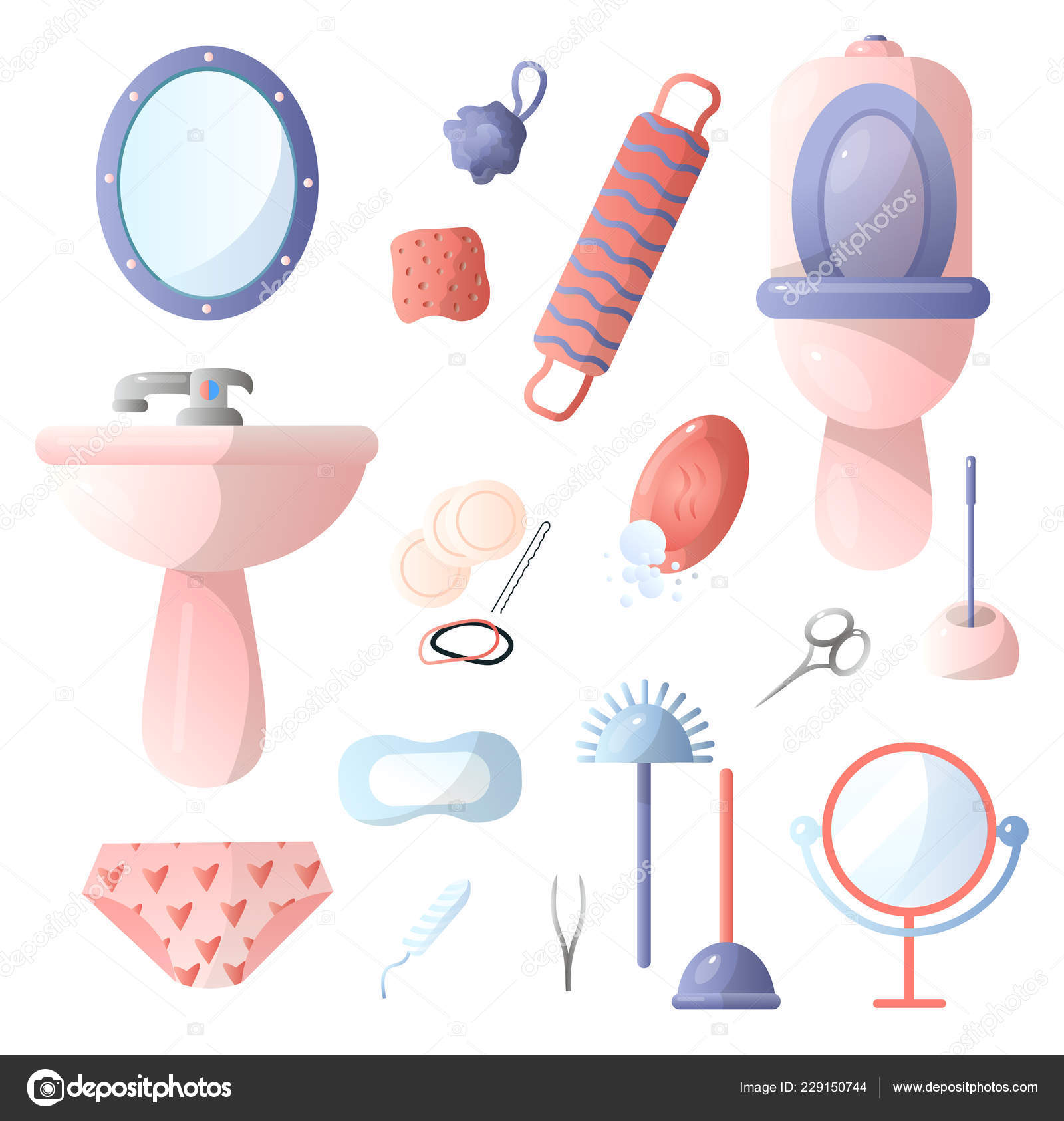 Set of different accessories in the bathroom that people use in everyday  life, toothbrushes, toothpaste, hair dryer, hairbrush, mirror, scissors,  vantos, soap and more. Stock Vector by ©greenpic.studio 229150744